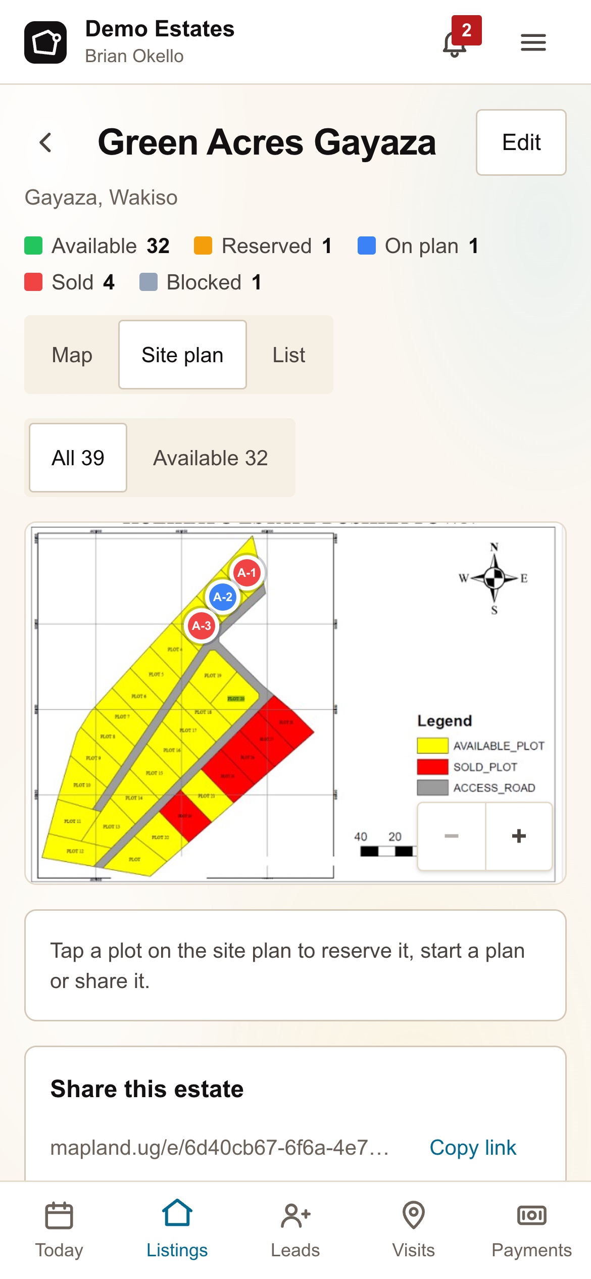 Green Acres Gayaza site plan with plots coloured by status: 32 available, 1 reserved, 1 on plan, 4 sold