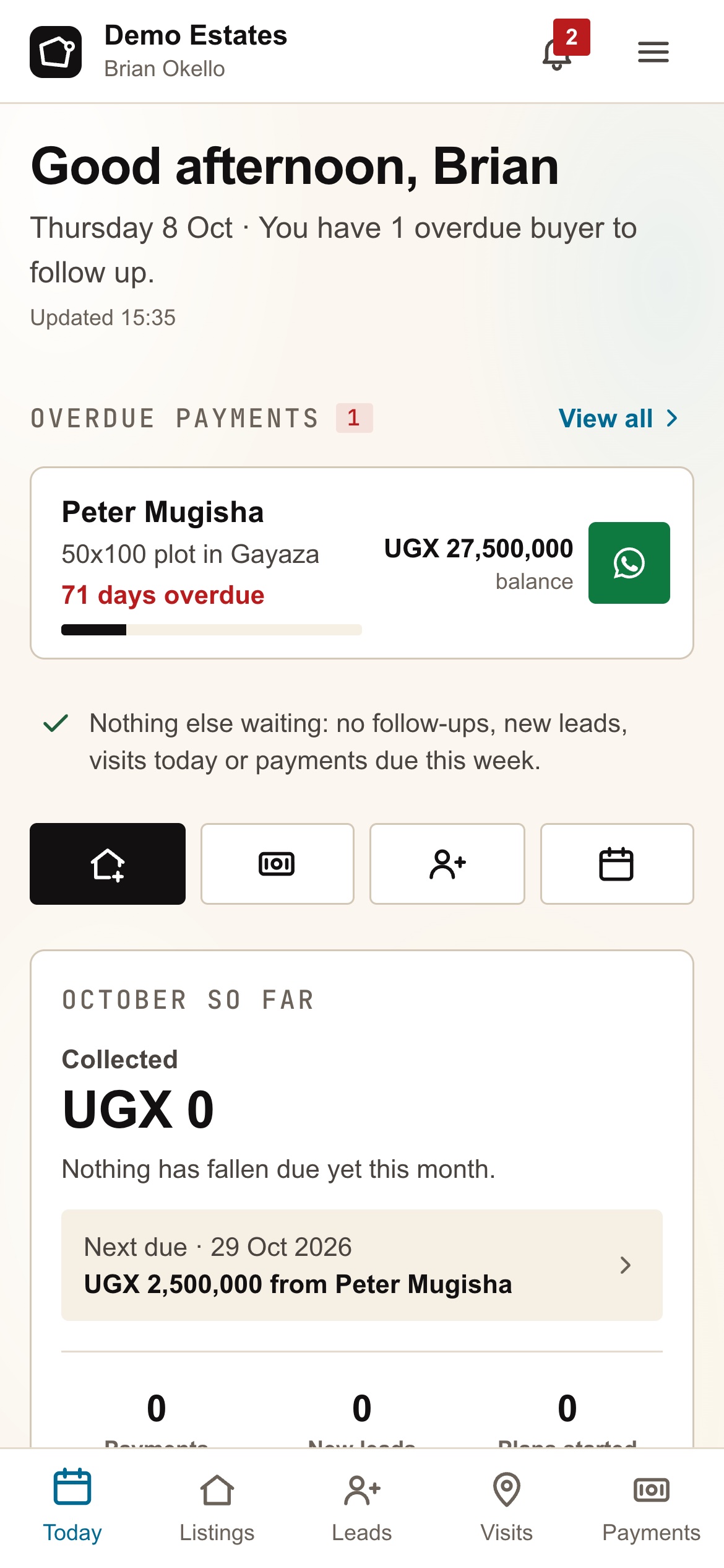 Today: a greeting, one overdue buyer with a WhatsApp button, and what's due next