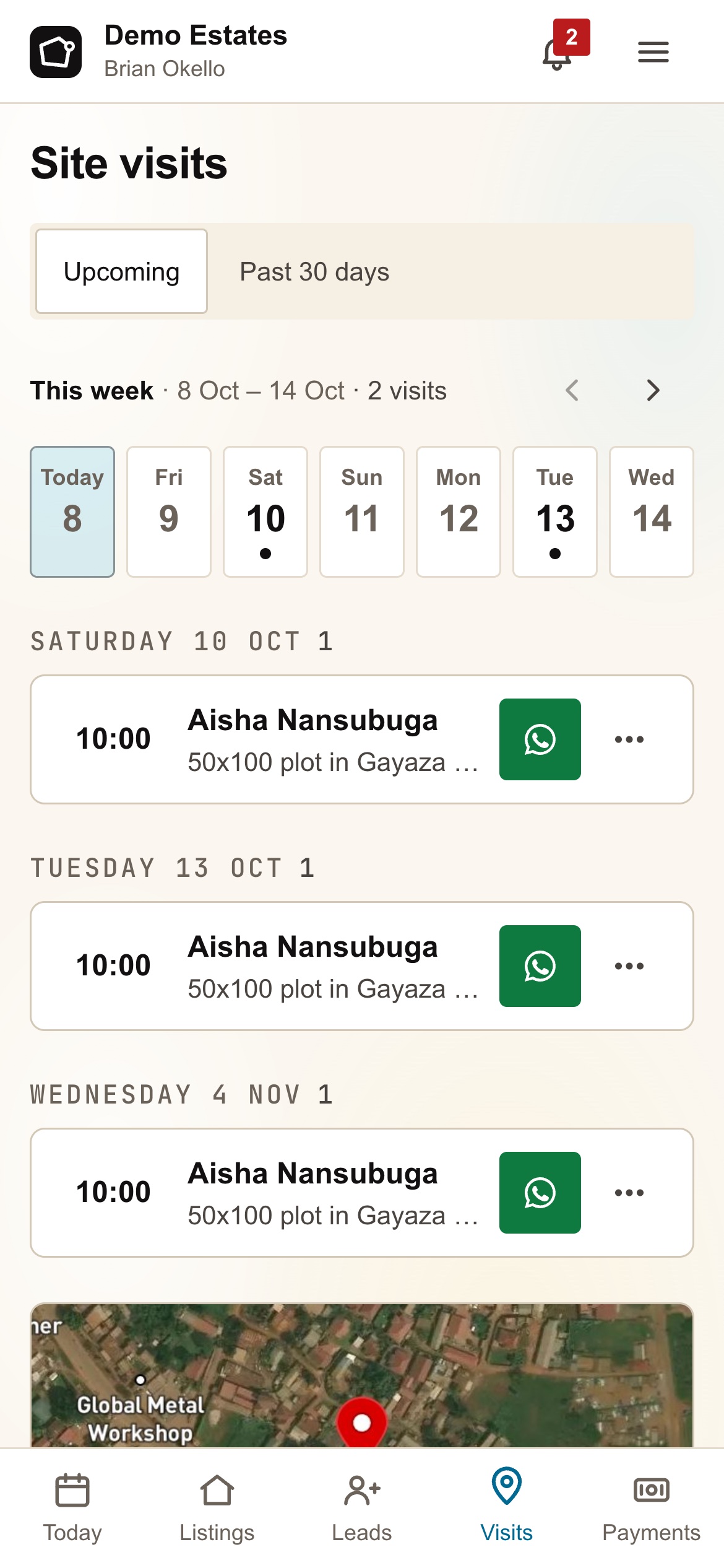 Site visits for the week: Aisha Nansubuga at 10:00 on Saturday, Tuesday and Wednesday, each with WhatsApp